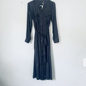 Mango Dominic Satin Shirt Dress Small 6 Black Midi Button Up Tie Waist NEW